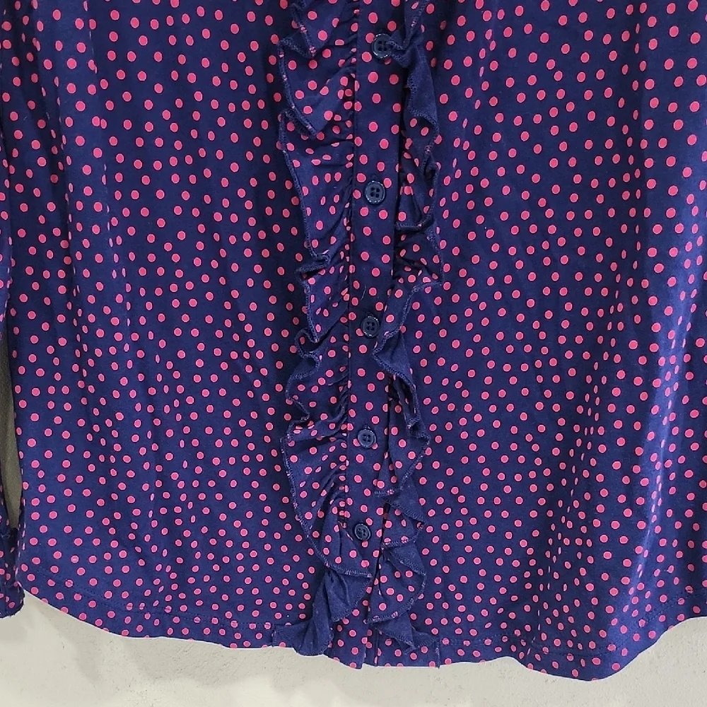 Navy Ruffle V-Neck Long-Sleeve Blouse with Red Micro Print - Picture 6 of 10